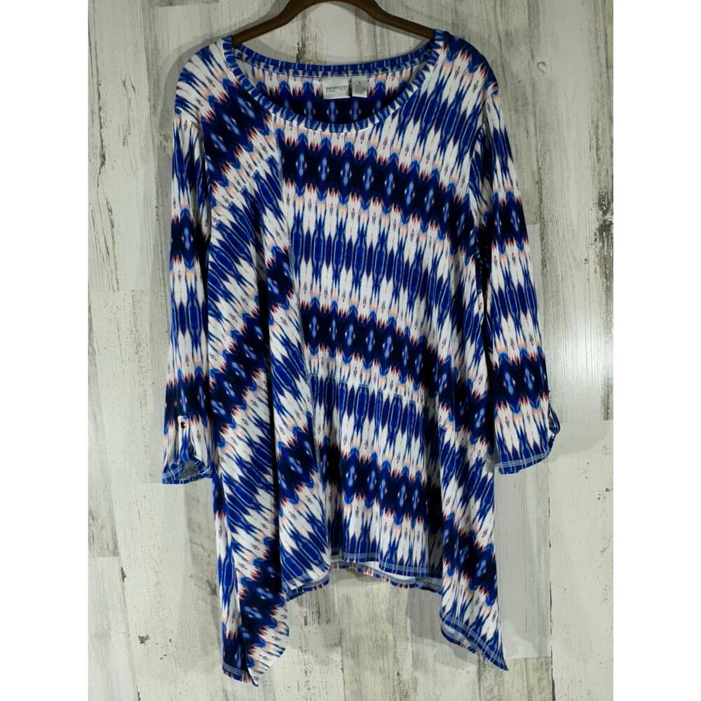 Chicos Zenergy Tunic Top Size 3 or XL Blue Asymmetrical Abstract Tie Dye Stretch